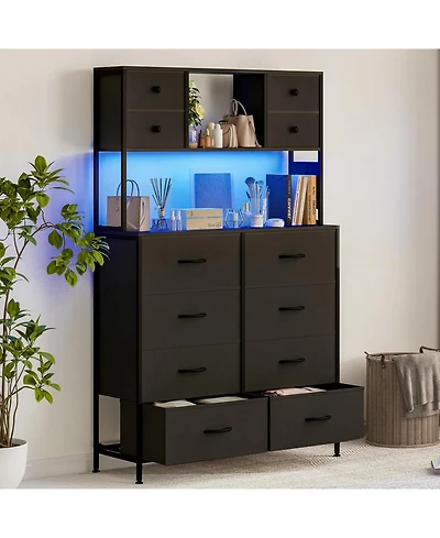 gaomon 12-Drawer Dresser with Power Outlet & Open Shelves - Led Light Wood Top Metal Frame Fabric Dresser for Bedroom