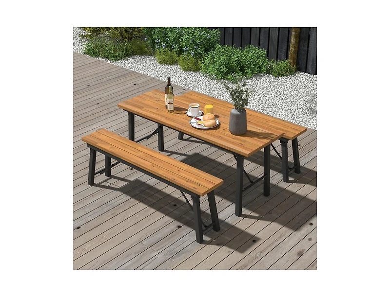 Slickblue Acacia Wood Outdoor Dining Table and Bench Set for Patio