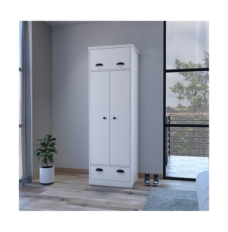 flynama Dumas Armoire Bedroom Storage Organizer with Double Doors Hanging Rod and Two Drawers