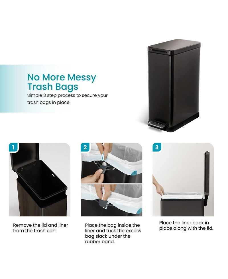 Home Zone Living 12 Gallon Slim Kitchen Trash Can with Soft Close Lid, Removable Liner, and Bag Tuck Band, Matte Black