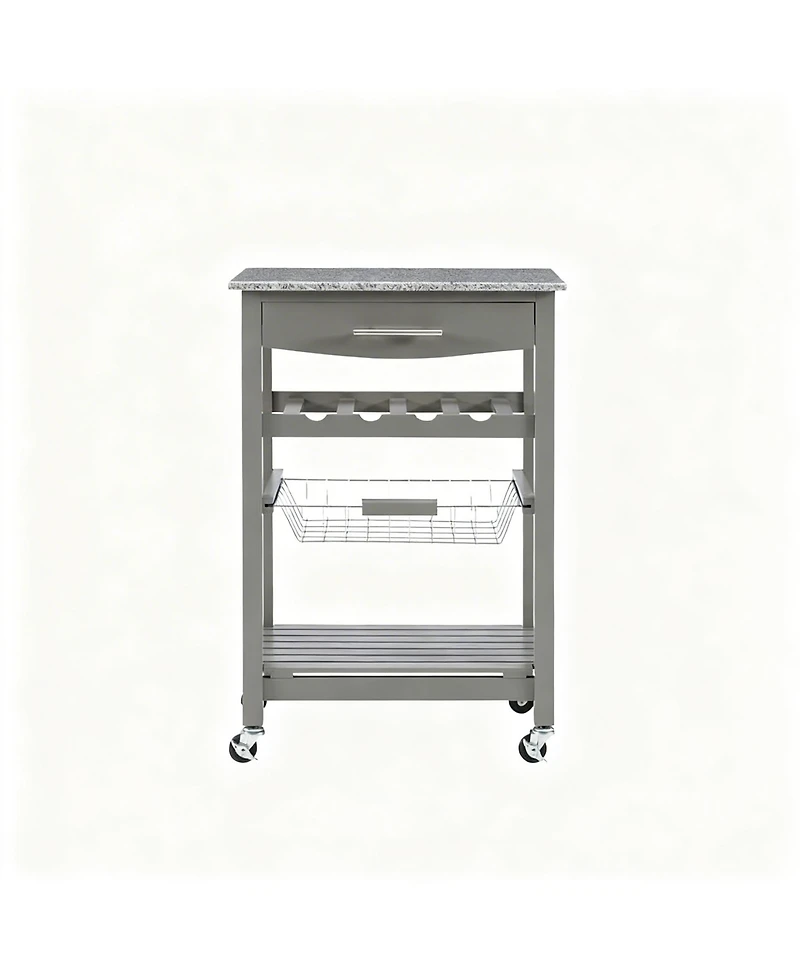 Yigii Granite top pine kitchen storage cart with casters and drawers