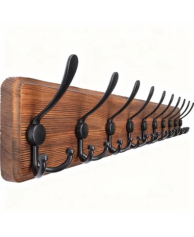 Yigii Rustic Wood Coat Rack - 10 Hooks for Coats, Hats, Bags - Wall Mount