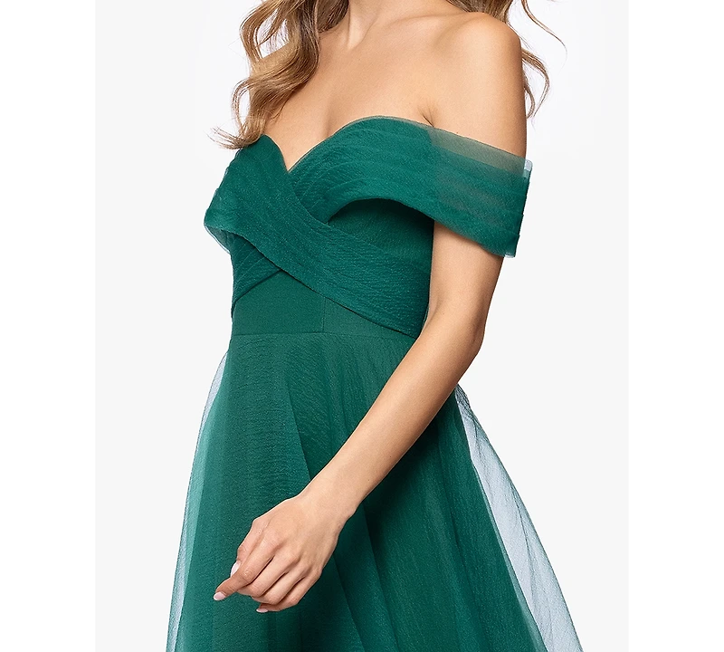 Betsy & Adam Petite Mesh Off-The-Shoulder Ball Gown
