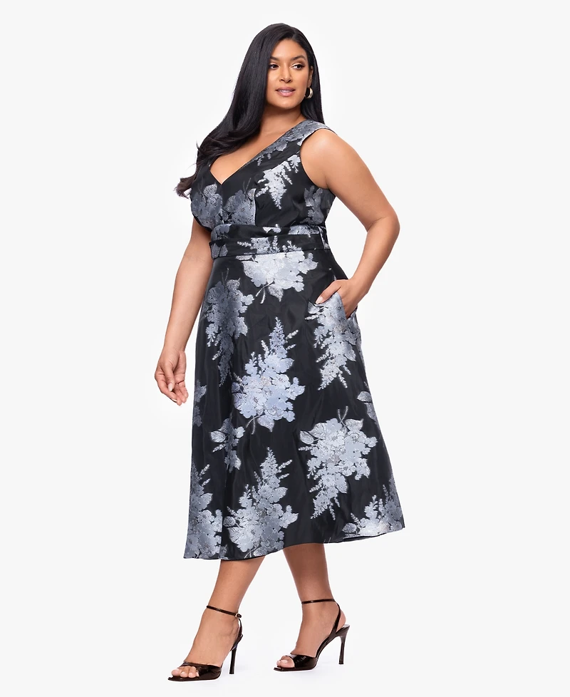 Betsy & Adam Plus Printed V-Neck Midi Dress