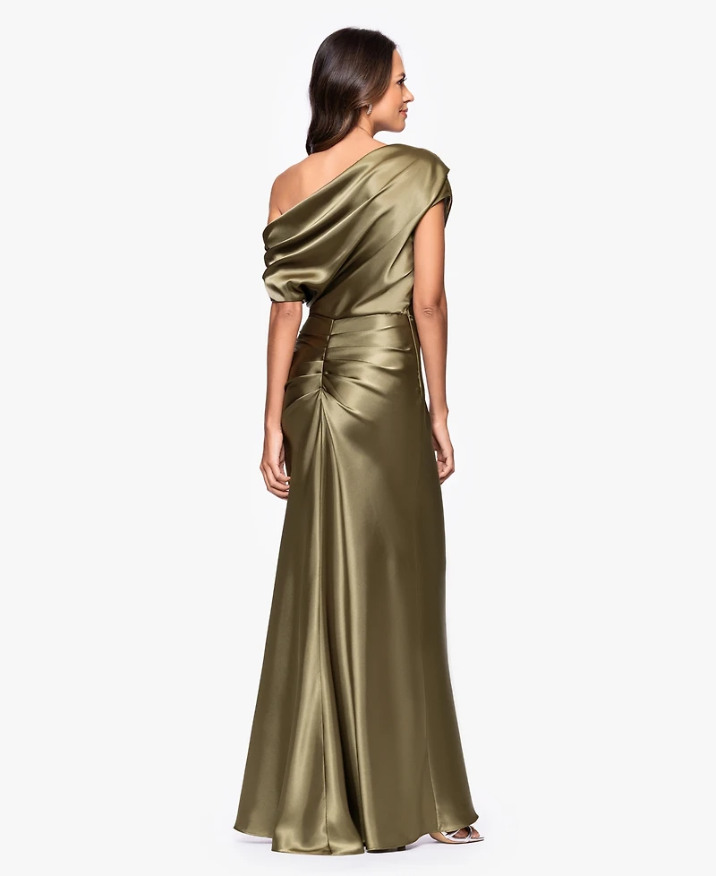 Betsy & Adam Petite Draped Asymmetrical Neck Ball Gown