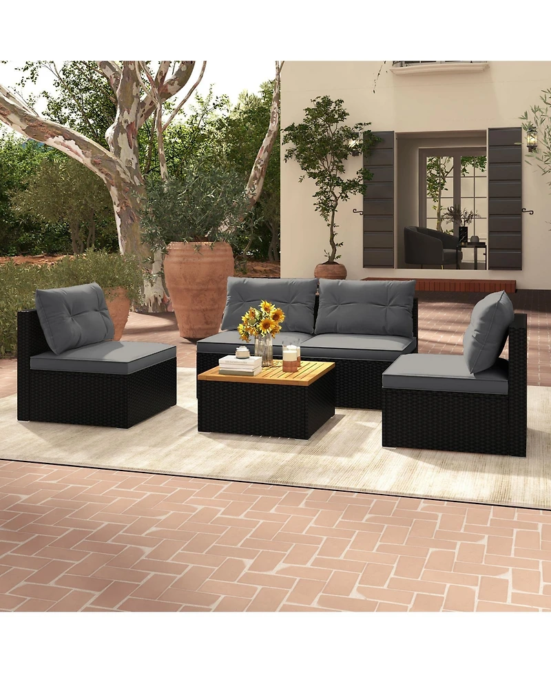 Gymax Set Of 5 Outdoor Furniture Set w/ Seat and Back Cushions Acacia Wood Tabletop