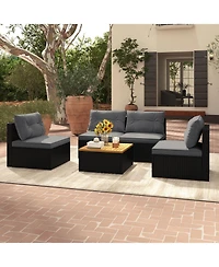 Gymax Set Of 5 Outdoor Furniture Set w/ Seat and Back Cushions Acacia Wood Tabletop
