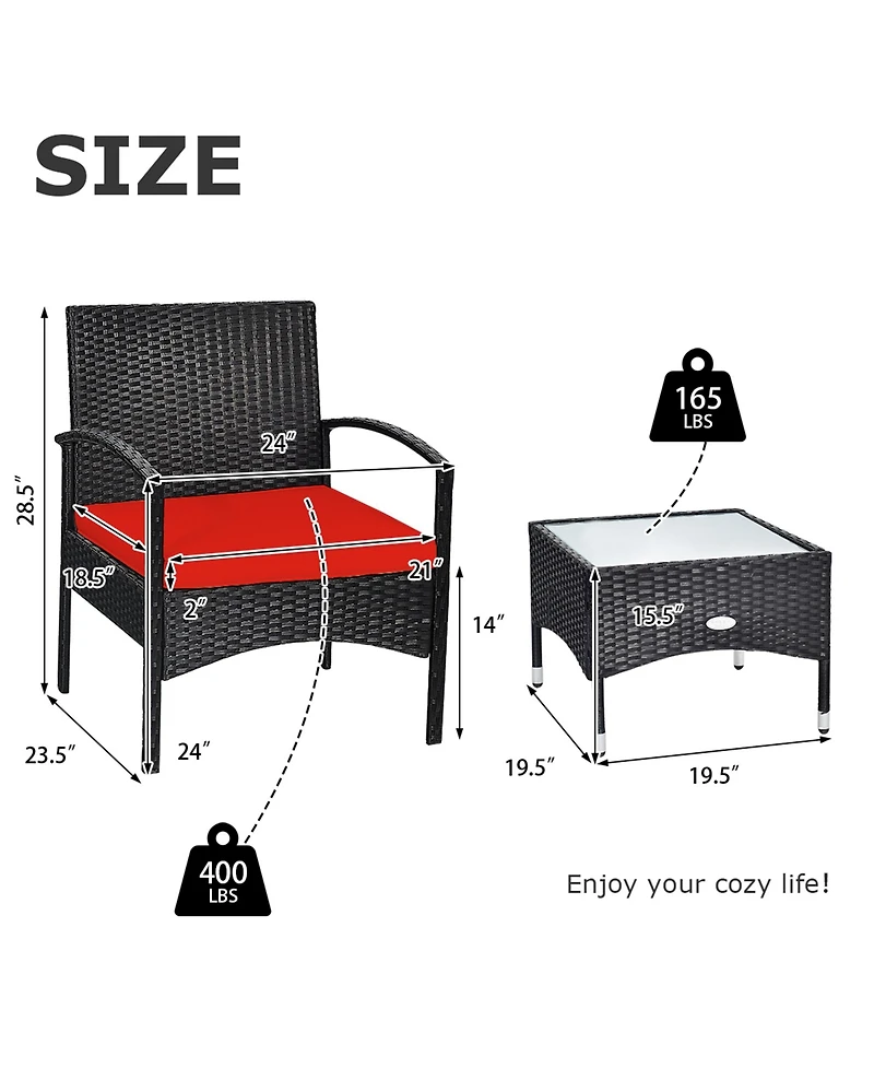 Gymax 3 Pcs Patio Wicker Rattan Furniture Set Coffee Table & 2 Rattan Chair w/ Cushion