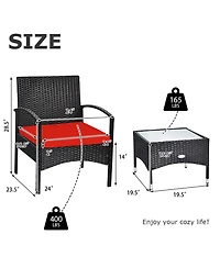 Gymax 3 Pcs Patio Wicker Rattan Furniture Set Coffee Table & 2 Rattan Chair w/ Cushion