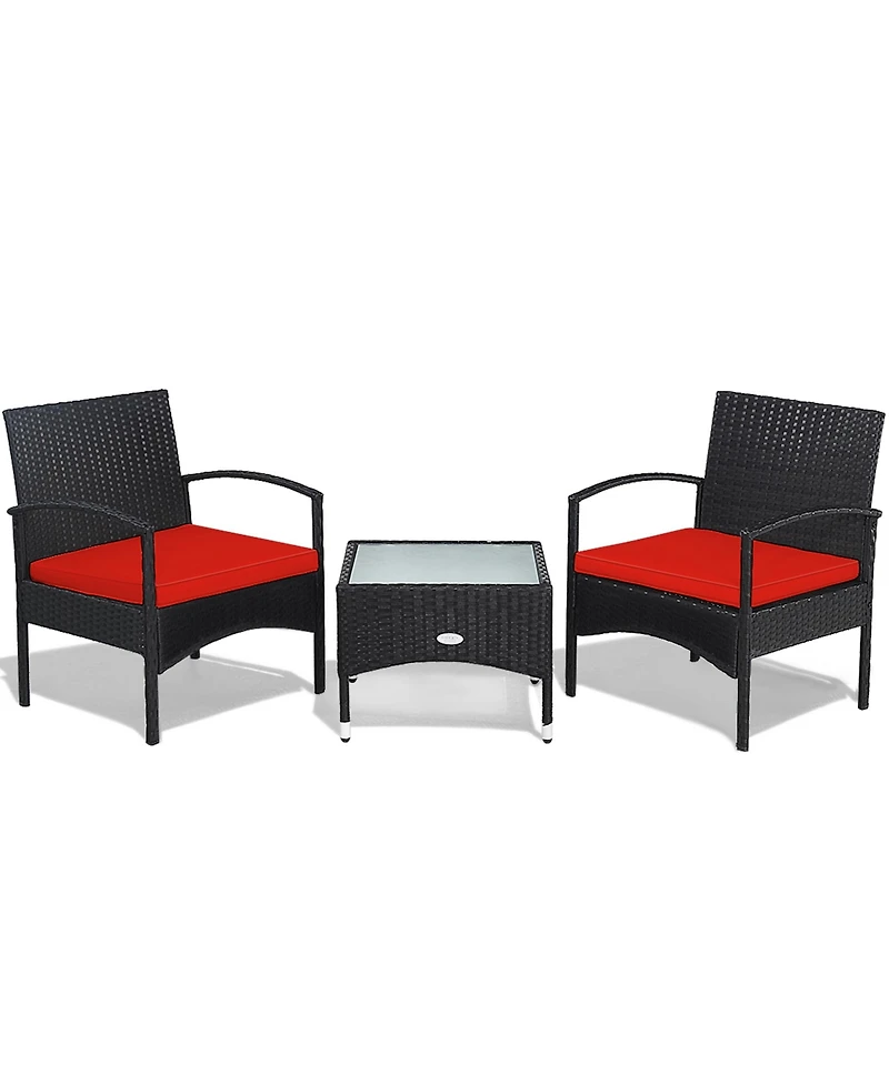 Gymax 3 Pcs Patio Wicker Rattan Furniture Set Coffee Table & 2 Rattan Chair w/ Cushion