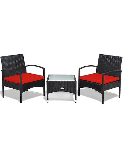 Gymax 3 Pcs Patio Wicker Rattan Furniture Set Coffee Table & 2 Rattan Chair w/ Cushion