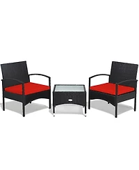 Gymax 3 Pcs Patio Wicker Rattan Furniture Set Coffee Table & 2 Rattan Chair w/ Cushion