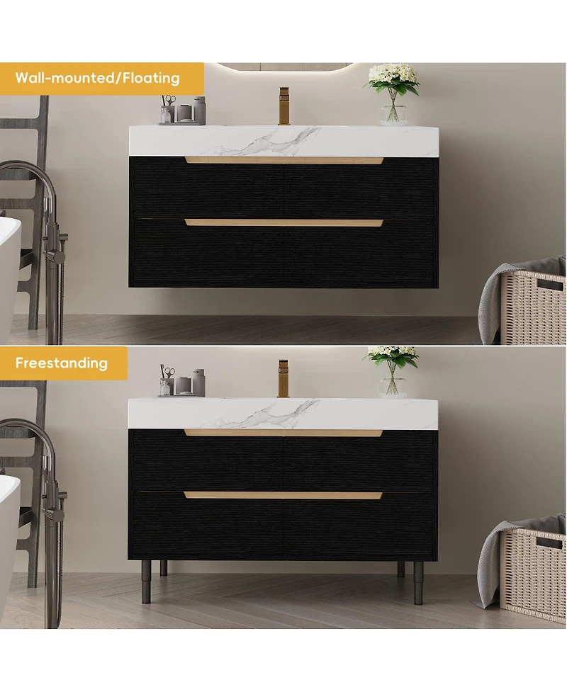 Sillysis 35.4" Modern Sintered Stone Bathroom Vanity, Free-Standing or Wall-Mounted, 4 Soft-Close Drawers, Undermount Sink-Sillysis
