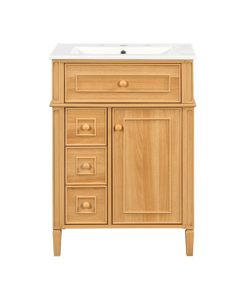 Sillysis 24" Freestanding Bathroom Vanity with Ceramic Sink, Solid Wood & Mdf, Soft-Close Drawers, Flip-Out Storage for Modern Bathrooms