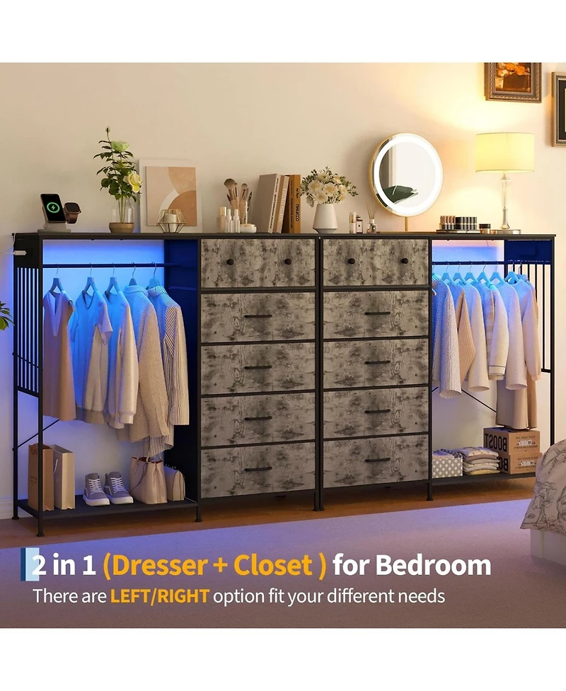 gaomon Dresser with Hanging Rack, Reversible 6 Drawers Dresser with Led Lights & Charging Station