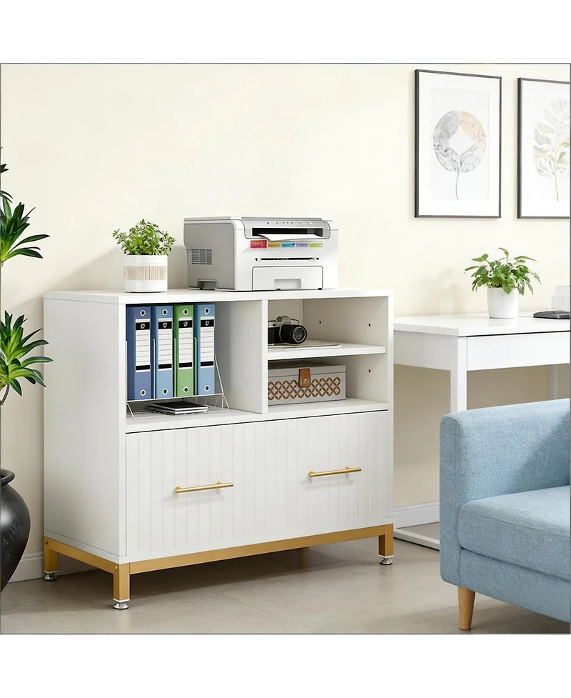 Rainsken File Storage Cabinet for Letter/Legal/A4 Size Files, Modern Wood Lateral File Cabinet with Drawer and 3 Open Storage Spaces for Home Office