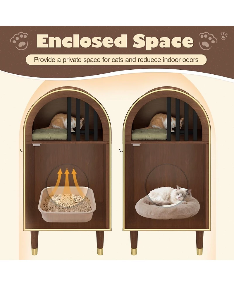 6thdruple Modern Espresso Cat Condo Furniture, Two-Tier Arch Cat House for 2 Cats