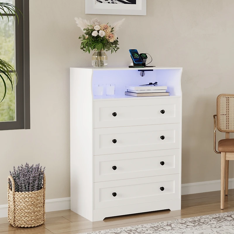 gaomon 4-Drawer Wooden Dresser with Led Lights & Charging Station, Modern Nightstand Chest for Bedroom