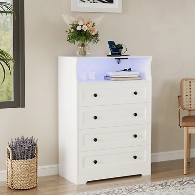 gaomon 4-Drawer Wooden Dresser with Led Lights & Charging Station, Modern Nightstand Chest for Bedroom