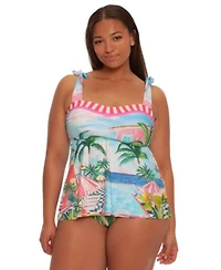 Becca Etc Plus Size Miami Beach Tie Shoulder Tankini Top Shirred Side Hipster Bottoms