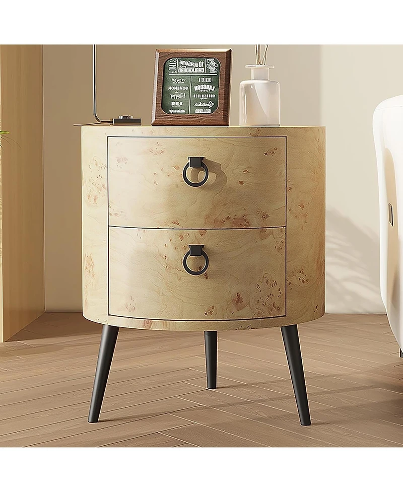 gaomon Modern Round Wood-Grain Side Table with 2 Drawers and Metal Legs