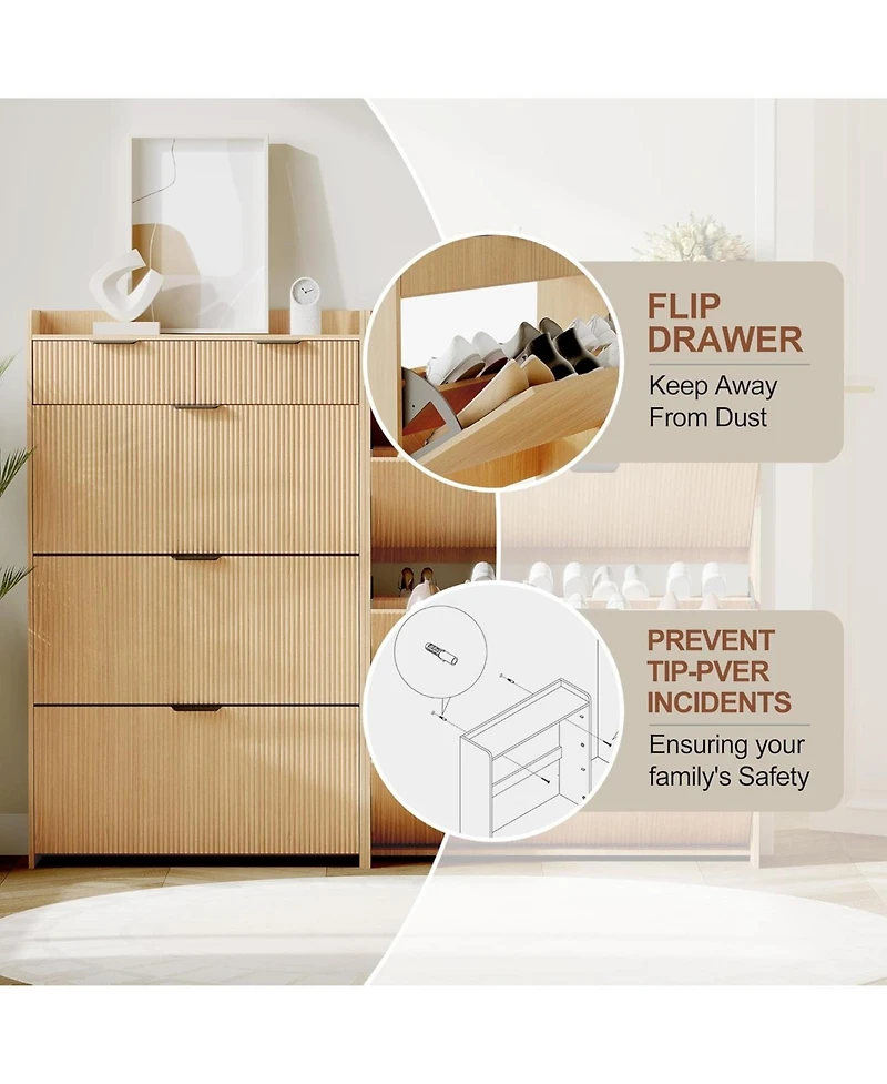 gaomon Wave Design Shoe Cabinet with 3 Slip Drawers, 2 Drawers, Raised Edges, Fluted Shoe Cabinet, Slim Hidden Shoe Organizer, Wooden Shoe Storage