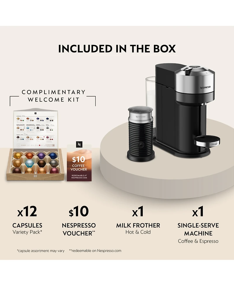 Nespresso Vertuo Next Deluxe Coffee and Espresso Machine by De'Longhi, Chrome with Aeroccino Milk Frother