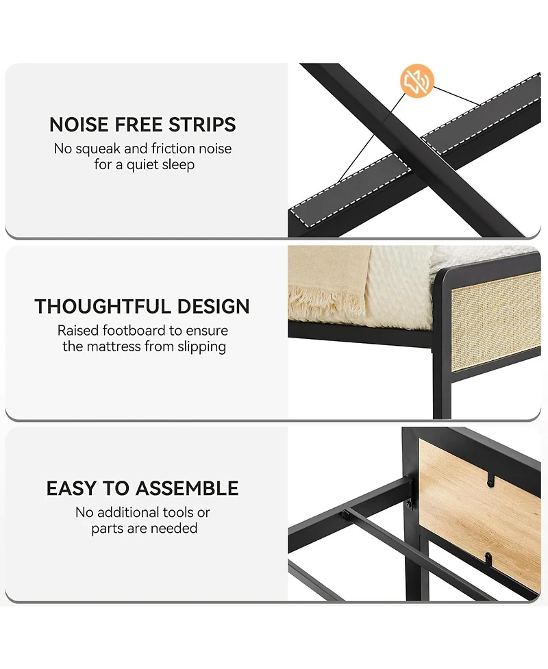 Gaomon Boho Rattan Full Size Bed Frame with Headboard & Footboard, Sturdy metal Platform Bed, Rattan Headboard, Under-Bed Storage, No Box