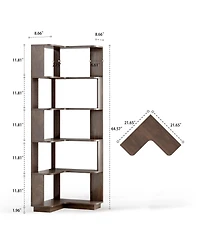 Rainsken 5 Tier L-Shaped Corner Bookshelf, Wooden Open Display Shelve, Storage Rack with Anti-Drop Panels for Living Room or Home Office