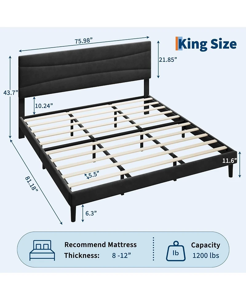 gaomon Frame with Headboard, Velvet Upholstered Platform Bed Frame No Box Spring Needed with Under-Bed Storage and Strong Wood Slats Support