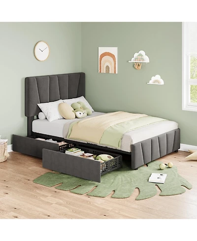 gaomon Twin Bed Frame with Adjustable Headboard & 4 Storage Drawers, Velvet Tufted, Wood Slats, No Box Spring Needed