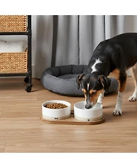 Aronkl Ceramic Dog Bowls Set with Wood Tray Food Water Non-Slip Stable Farmhouse Style