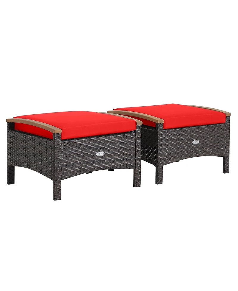 Gymax 2PCS Patio Ottomans Wooden Handles Rattan Knitting Foot Pedal Red