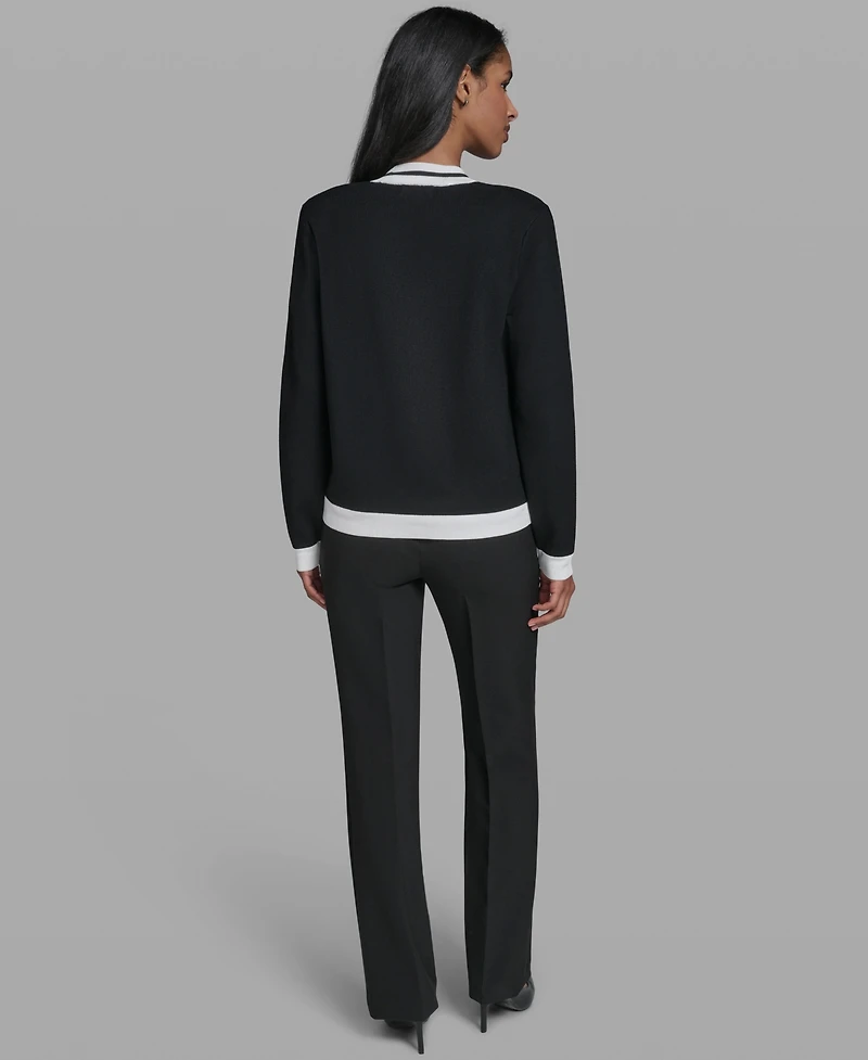 Karl Lagerfeld Women's Open-Front Long-sleeve Knit Cardigan with Contrast Trim