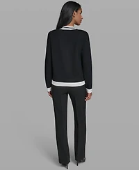 Karl Lagerfeld Women's Open-Front Long-sleeve Knit Cardigan with Contrast Trim