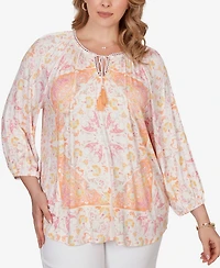Ruby Rd. Plus Tapestry Print Drawstring Peasant Top