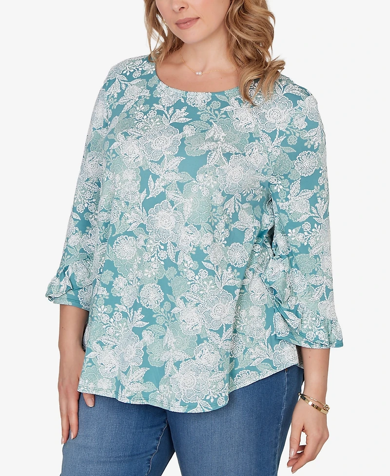 Ruby Rd. Plus Size Floral Puff Print Ruffle Knit Top
