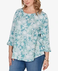 Ruby Rd. Plus Size Floral Puff Print Ruffle Knit Top