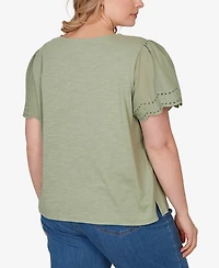 Ruby Rd. Plus Eyelet Poplin Sleeve Slub Knit Top