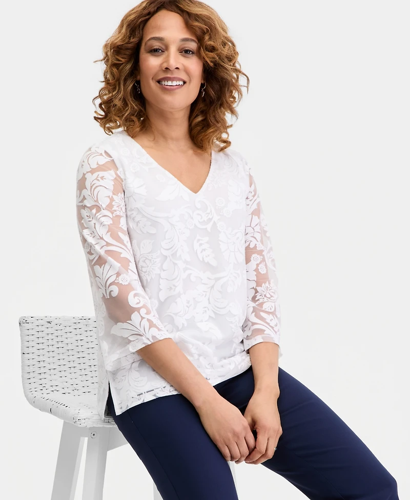 Jm Collection Women's 3/4-Sleeve Allover Burnout V-Neck Top, Macy's Exclusive