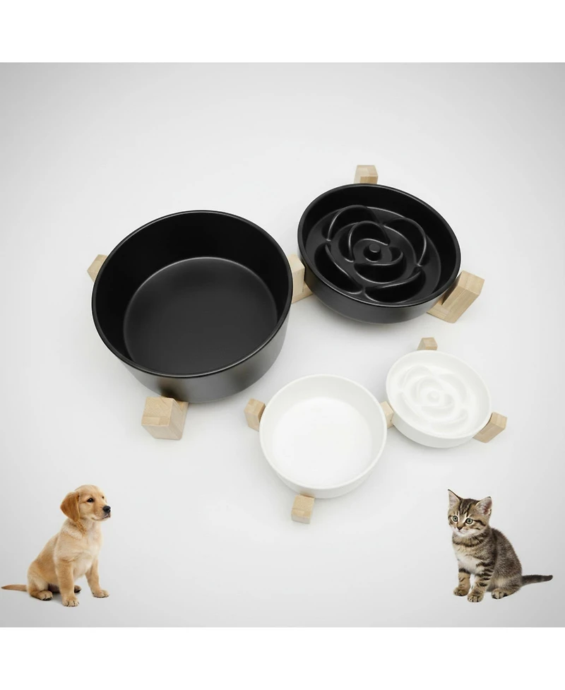 Aronkl Ceramic Slow Feeder Dog Bowl Set with Wooden Stand Anti-Gulping Anti-Slip Dishwasher Safe