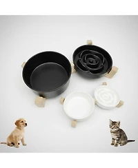 Aronkl Ceramic Slow Feeder Dog Bowl Set with Wooden Stand Anti-Gulping Anti-Slip Dishwasher Safe