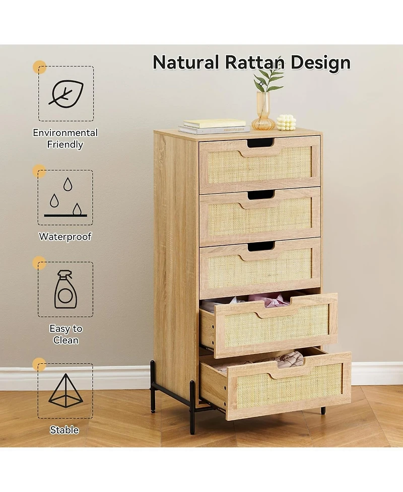 gaomon 5-Drawer Rattan Dresser, Tall Wood Chest with Metal Legs, Mid-Century