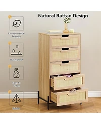 gaomon 5-Drawer Rattan Dresser, Tall Wood Chest with Metal Legs, Mid-Century