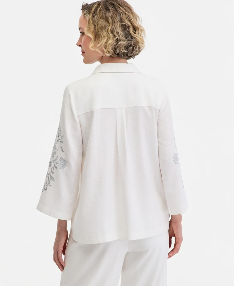 Jm Collection Women's Collared Embroidered Linen-Blend 3/4-Sleeve Top, Macy's Exclusive