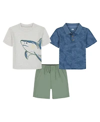Kids Headquarters Boys' Toddler 2T-5T Printed Polo, Shark T-Shirt and Twill Shorts, 3-piece Set