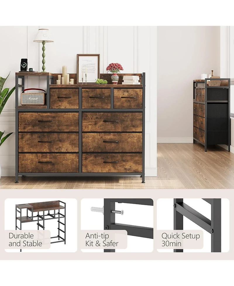 gaomon 9-Drawer Fabric Dresser with Wood Top, Heavy-Duty Steel Frame Storage Organizer Tower for Bedroom, Closet, Living Room, Hallway