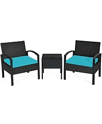 3PCS Patio Rattan Furniture Set Coffee Table and Chairs Set with Seat Cushions Garden