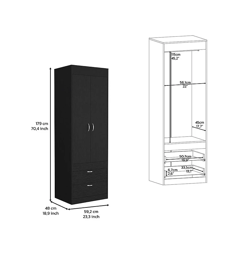 Flynama Black Wengue Finish Tarento Armoire with 2 Drawers Double Door Cabinet Hanging Rod