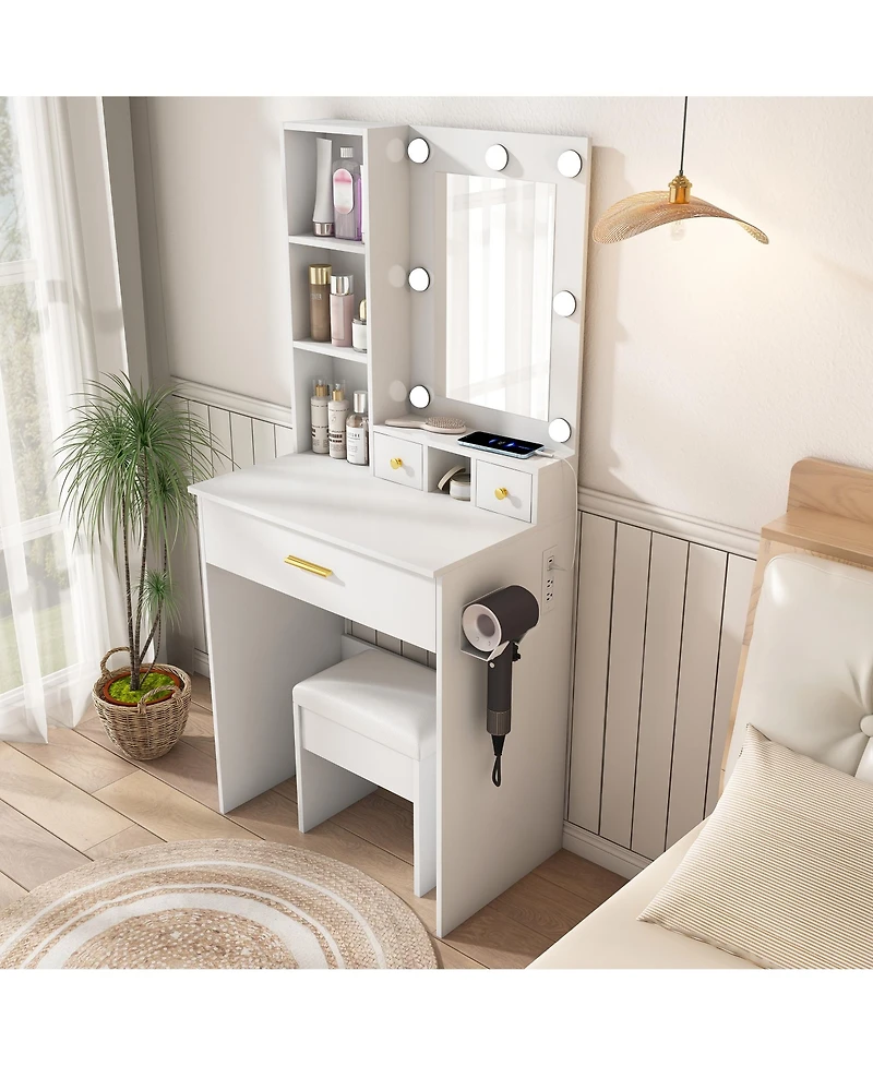 flynama Space Saving Small Led Vanity Table with Basic Standard Mirror White and Cushioned Stool